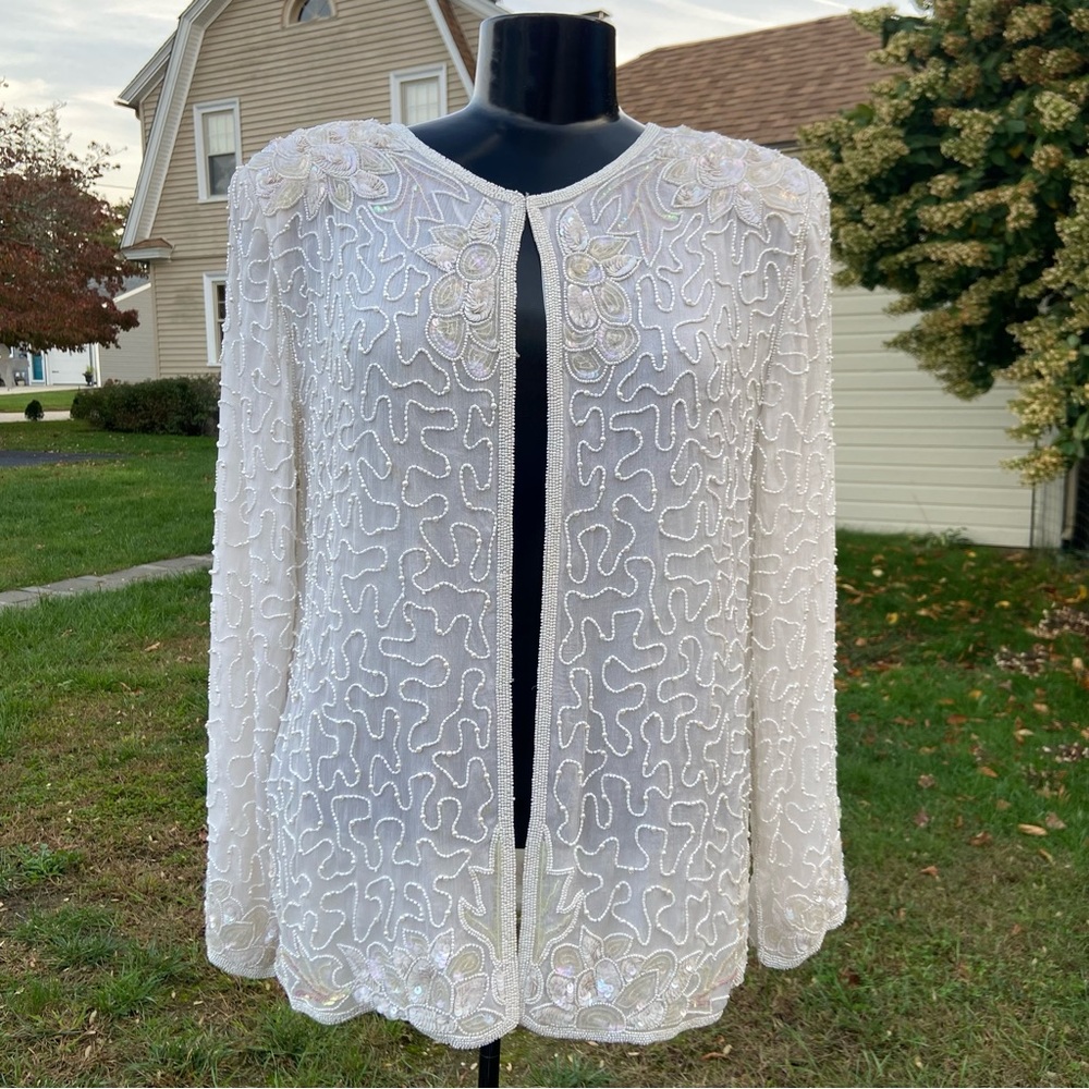 Jewel Queen vintage deadstock new with tags 80s beaded 100% silk long sleeve top